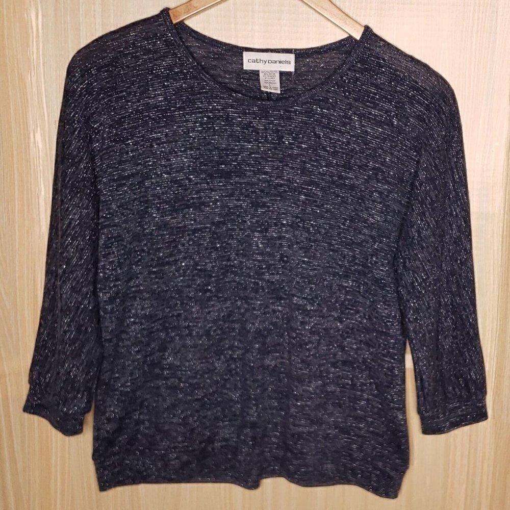 Cathy Daniels Womens Blue Sparkle 3/4 Sleeve Sweater Large